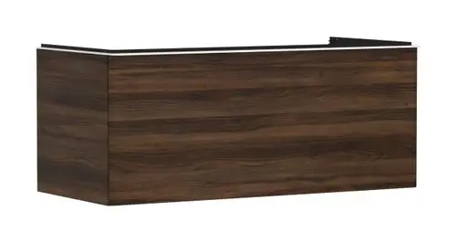 Waschtischunterschrank von Hansgrohe in dunklem Nussbaumholz, mit einem Schubkasten und Platz für einen Aufsatzwaschtisch. Holzoberfläche mit sichtbarer Maserung.